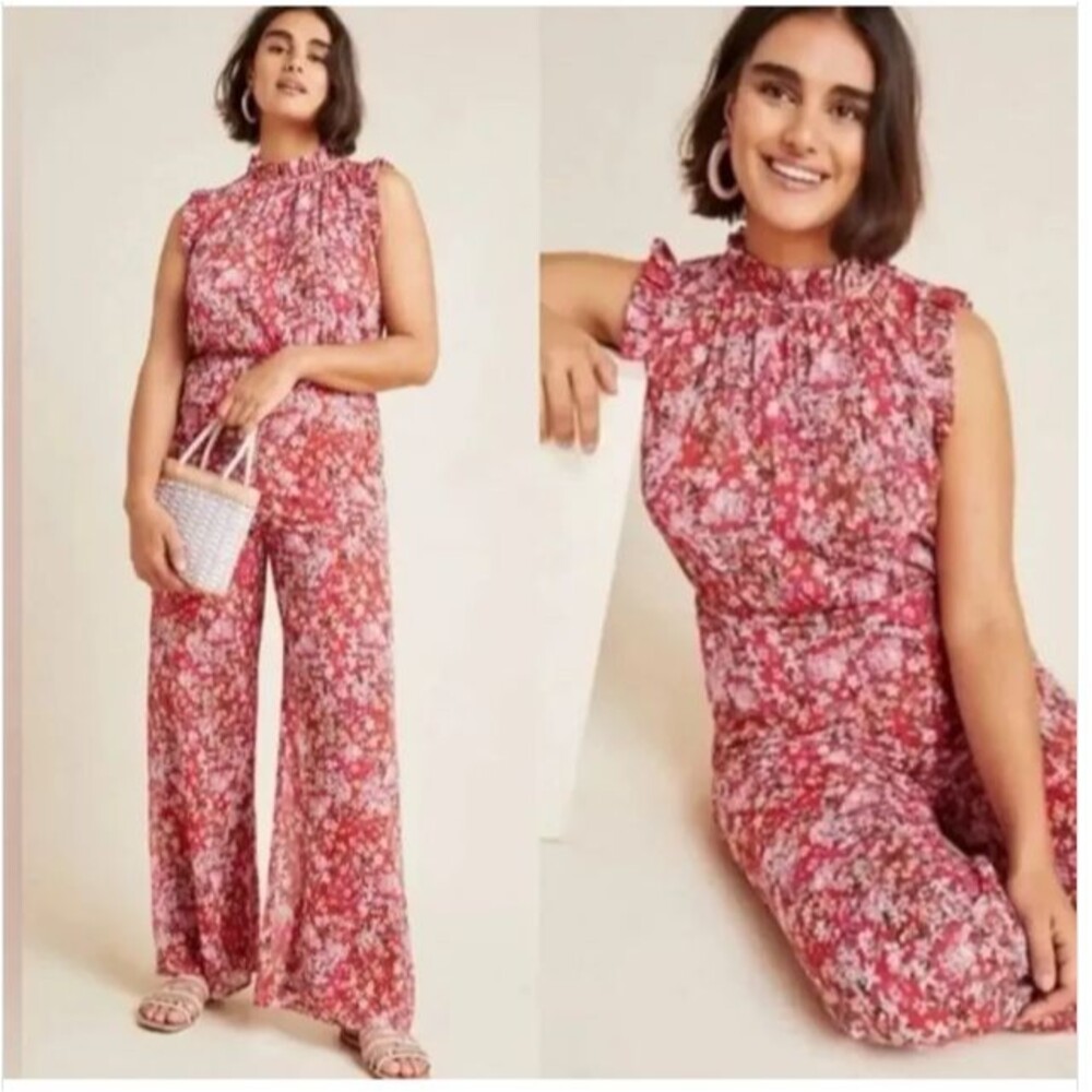 NWT Ali & Jay Anthropologie Its You Girl Red Floral Ruffle Neck Jumpsuit Sz XL